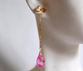 AAA Hot Pink Quartz long drop earrings