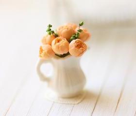 Dollhouse Miniature Flowers - Peach Pink Peonies in White Porcelain Jug