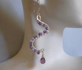 Shaded purple natural zircon , crystal briolette and hand-forged earrings