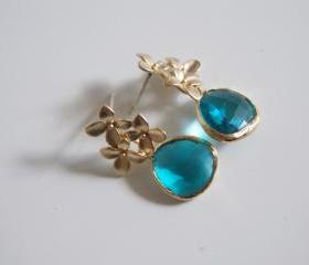 Glass blue zircon, gold bezel setting dangle earrings