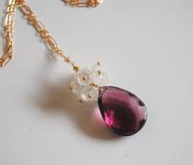 Rhodolite and Moonstone necklace with gold filled chain