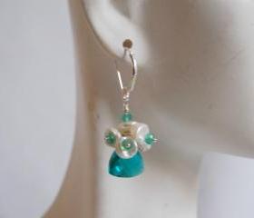 Paraiba blue Quartz Earrings with Keishi pearls and green Onyx