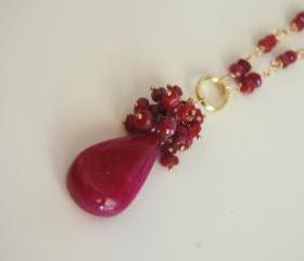 Beautiful Smooth Ruby briolette and Ruby rondelles gold filled necklace