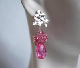AAA Hot Pink quartz briolette and mystic Rubelite dangle earrings