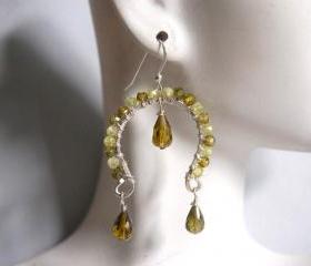 Green shaded zircon and olive green crystal quartz dangle earrings