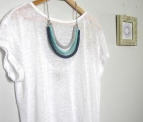 Orbits, crochet bib necklace in charcoal, mint and pale grey