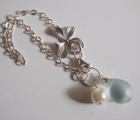 Orchid Charm bracelet with light blue quartz, pearl and sterling silver