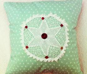 vintage doily green floral handmade cushion with button details.