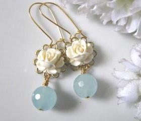 Vintage Cream Ivory Rose Flower And Blue Jade Drop Earrings