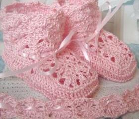 PARIS Luxury Crochet Heirloom Baby Booties in Pink or White Cotton with Satin Ribbon 0 to 3 months