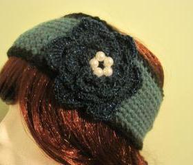Crochet headband or neckwarmer - teal heather/black (H1/N1)
