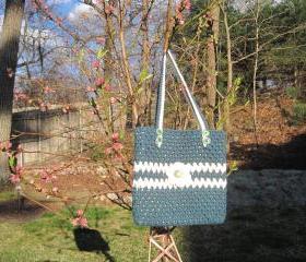 Crocheted tote/handbag - large - teal heather/white(P4)
