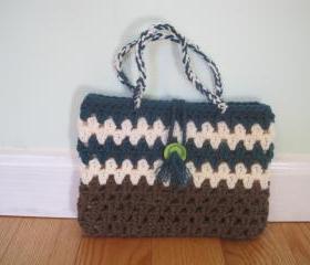Crocheted purse/handbag - small - brown/teal heather/white (P13)