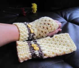 Crochet gloves mittens wrist warmers fingerless - yellow brown (G1)
