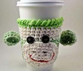 Coffee cozy - sock monkey - crochet - lime green