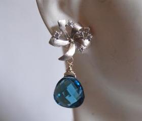 Beautiful London blue quartz and flower with cubic zirconia earrings