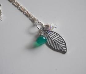 Emerald green quartz, swarovski crystal and leaf necklace with sterling silver chain