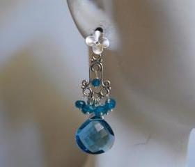 AAA London blue quartz heart briolette and blue Apatite chandelier earrings