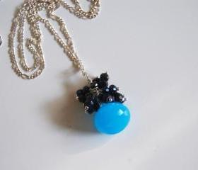 Ocean Blue Chalcedony, Mystic Blue Black Spinel necklace on sterling silver