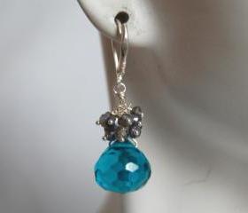 Blue quartz onion briolette and pyrite dangle earrings