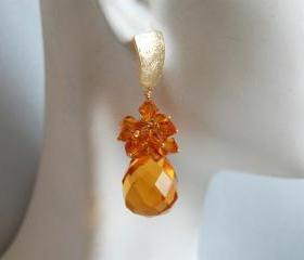 Golden Yellow Quartz briolette and Swarovski crystal bicone dangle earrings