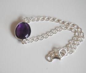 Dark Purple Amethyst bezel setting bracelet with Sterling Silver chain