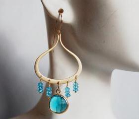 Bezel setting Glass blue zircon , London blue quartz Chandelier earrings