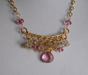 Pink mystic quartz ,topaz and tourmaline necklace