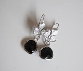 Bezel setting Glass Black drop dangle earrings