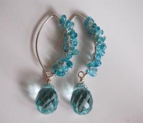 Swiss blue Crystal quartz briolette and Chalcedony chips earrings