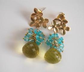 AAA green lemon quartz and sky blue quartz earrings