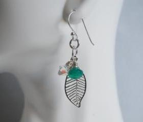 Emerald green quartz, swarovski crystal and leaf charm earrings
