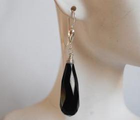 Black Onyx Long Drop Earrings with Sterling Silver