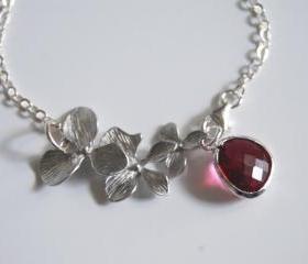 Bezel setting Fuchsia on Sterling silver Chain and orchid charm bracelet