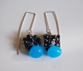 Ocean Blue Chalcedony, Mystic Blue Black Spinel long drop earrings