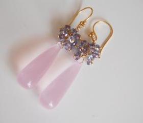Baby Pink Quartz and Iolite Long drop Earrings