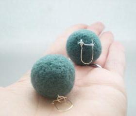 Dark Duck Egg Blue Felt Ball Earrings - Needle Felted Earrings