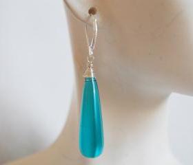 Lake blue long drop quartz briolette earrings