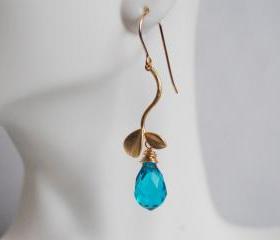 Swiss Blue Quartz and leaf connector dangle Earrings