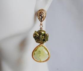 Green Keishi pearl and Peridot green glass drop earrings