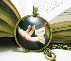 Unique Photo Necklace, Butterfly on the Tip, Hands with butterfly, Handmade cabochon necklace, artsy jewelry