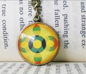 Graphic Necklace, Gold and Orange, Round Pendant Accessory, Necklace with Artsy Round Pendant