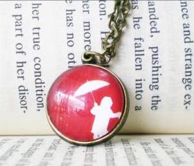 Round Cabochon Necklace, Girl in Red Rain, Handmade Jewelry, Glass Charm