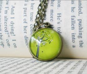 Spring Floral Tree Necklace, Green, Cabochon Picture Necklace, Jewelry