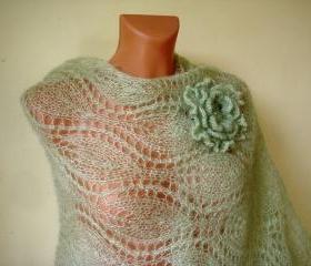 READY TO SHIP Light green knitted shawl with flower brooch