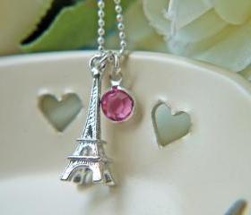 Eiffel Tower Necklace In Silver. Romantic Paris. Pink Swarovski Channel Charm. La Vie en Rose
