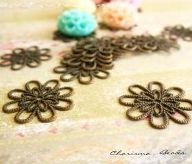 6 Brass Vintage Filigree Caps - Connectors Findings Flower, 18mm