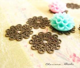 6 Brass Vintage Filigree Caps - Connectors Findings Flower, 17mm