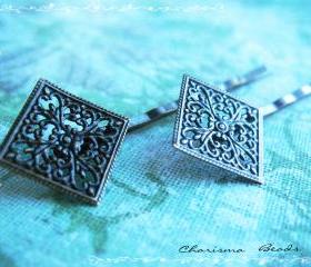 18 Filigree Bobby Pins Hair ornaments Antique Bronze, Diamond, 66x26.5x4.5mm