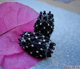 Beaded beads- Pair of black silver dots beadwoven beads- jewelry making supplies